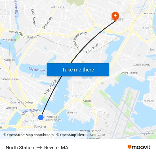 North Station to Revere, MA map