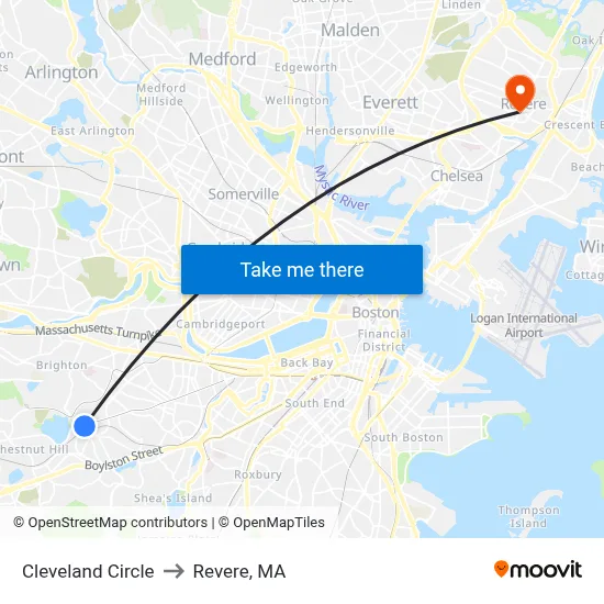Cleveland Circle to Revere, MA map