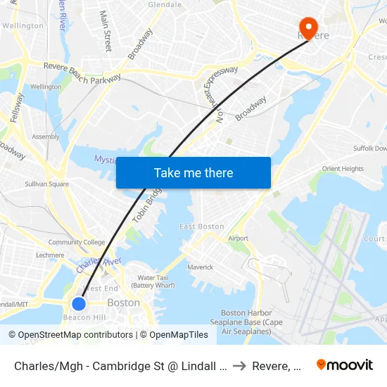 Charles/Mgh - Cambridge St @ Lindall Pl to Revere, MA map