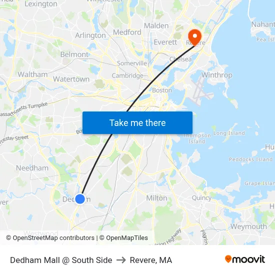 Dedham Mall @ South Side to Revere, MA map