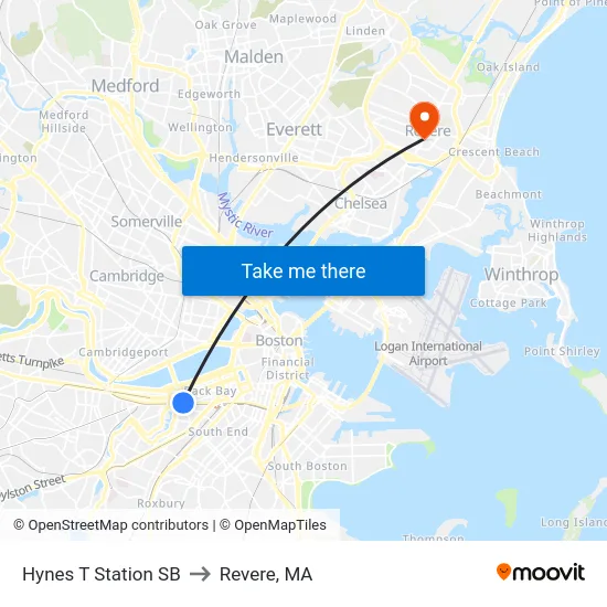 Hynes T Station SB to Revere, MA map