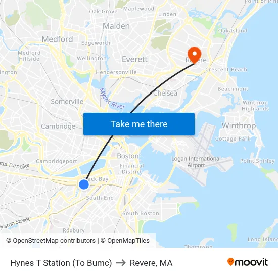 Hynes T Station (To Bumc) to Revere, MA map