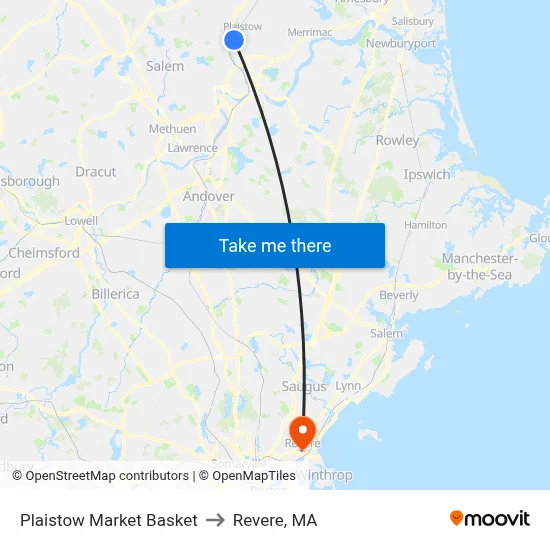 Plaistow Market Basket to Revere, MA map