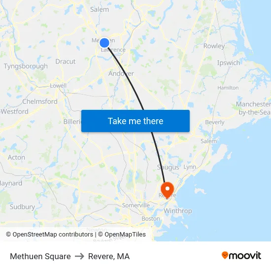 Methuen Square to Revere, MA map