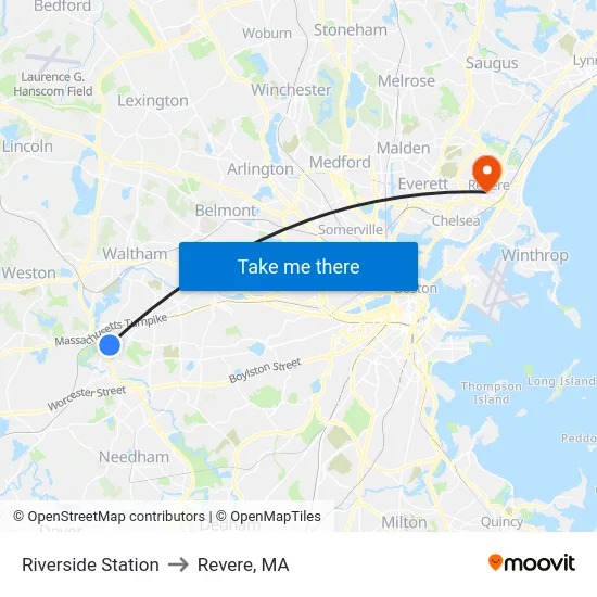 Riverside Station to Revere, MA map