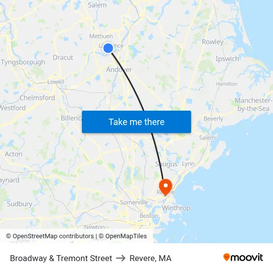 Broadway & Tremont Street to Revere, MA map