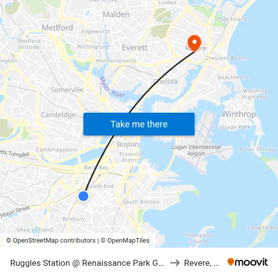 Ruggles Station @ Renaissance Park Garage to Revere, MA map
