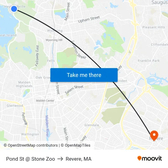 Pond St @ Stone Zoo to Revere, MA map