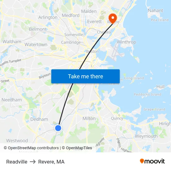 Readville to Revere, MA map