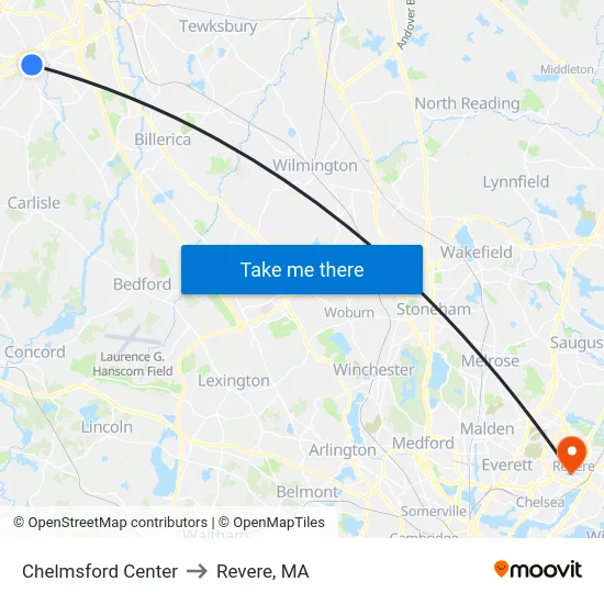 Chelmsford Center to Revere, MA map