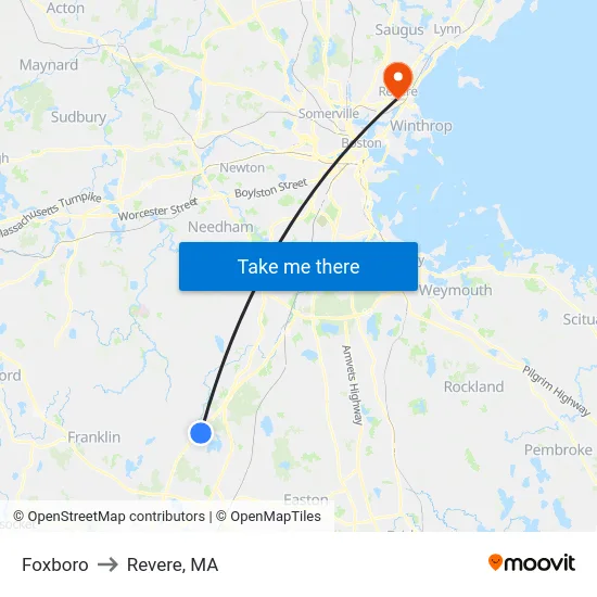 Foxboro to Revere, MA map