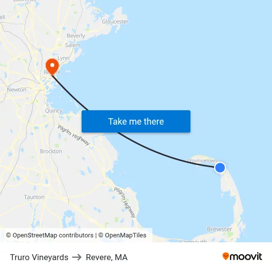 Truro Vineyards to Revere, MA map