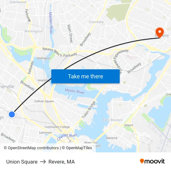 Union Square to Revere, MA map