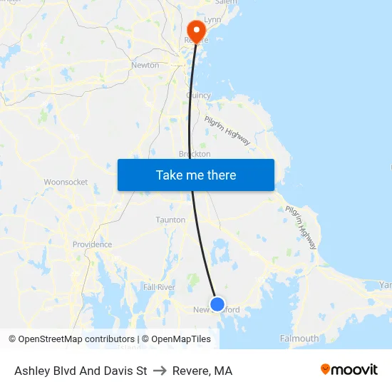 Ashley Blvd And Davis St to Revere, MA map