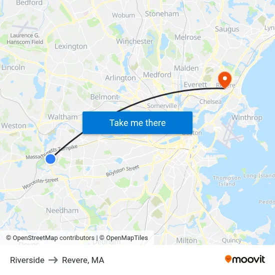Riverside to Revere, MA map