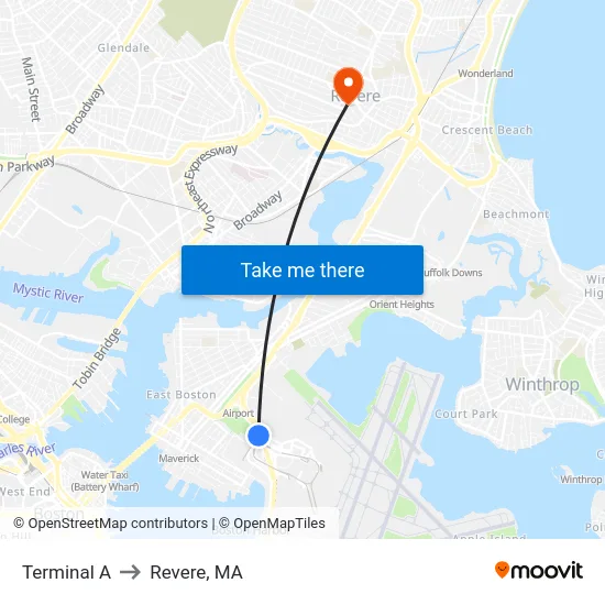 Terminal A to Revere, MA map