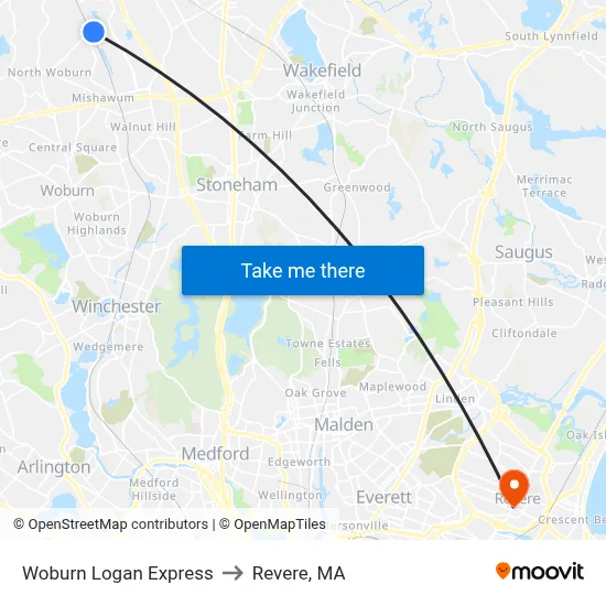 Woburn Logan Express to Revere, MA map