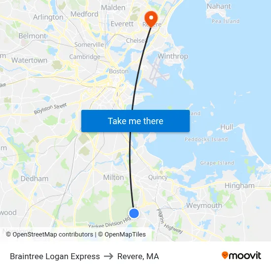 Braintree Logan Express to Revere, MA map