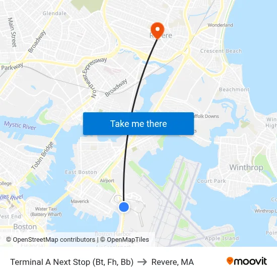 Terminal A Next Stop (Bt, Fh, Bb) to Revere, MA map