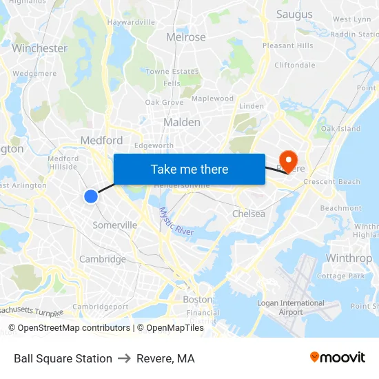 Ball Square Station to Revere, MA map