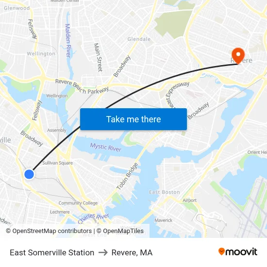 East Somerville Station to Revere, MA map