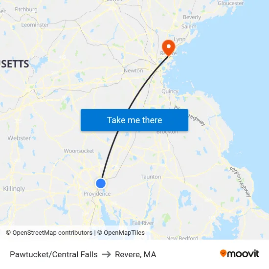 Pawtucket/Central Falls to Revere, MA map