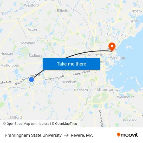 Framingham State University to Revere, MA map