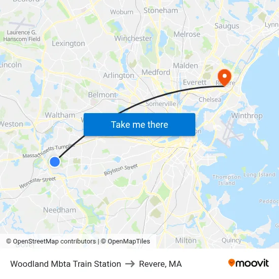 Woodland Mbta Train Station to Revere, MA map