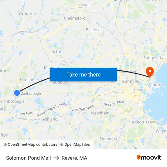 Solomon Pond Mall to Revere, MA map