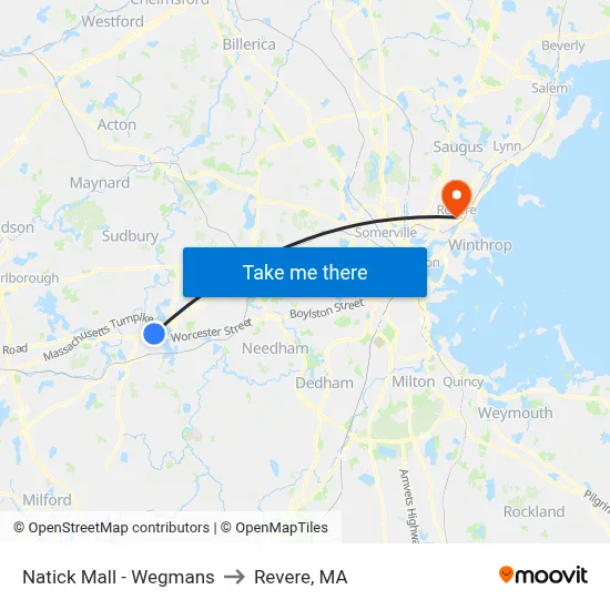 Natick Mall - Wegmans to Revere, MA map