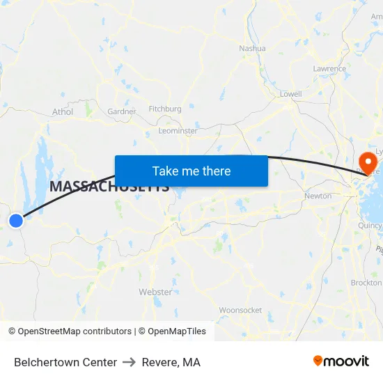 Belchertown Center to Revere, MA map