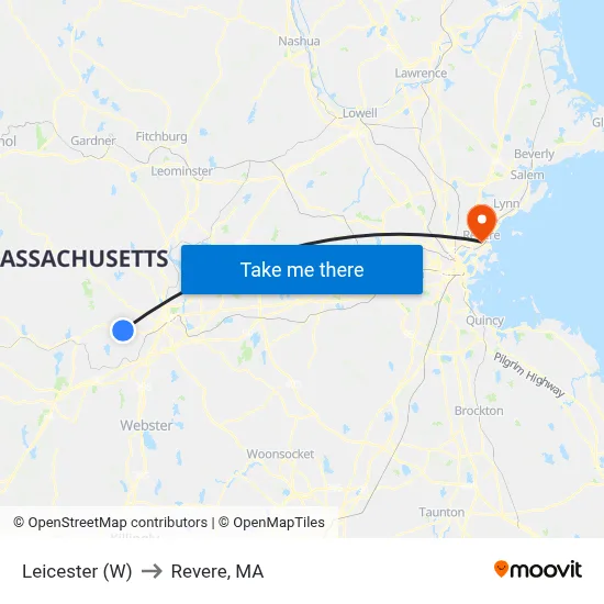 Leicester (W) to Revere, MA map