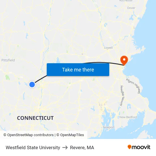 Westfield State University to Revere, MA map