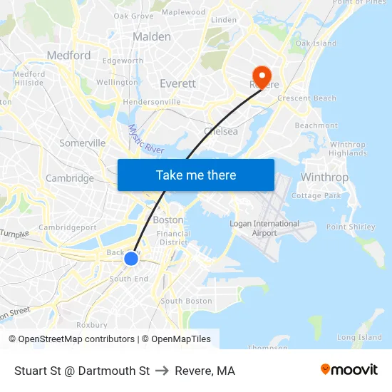 Stuart St @ Dartmouth St to Revere, MA map