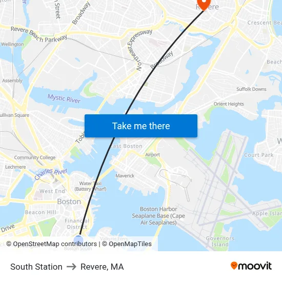 South Station to Revere, MA map