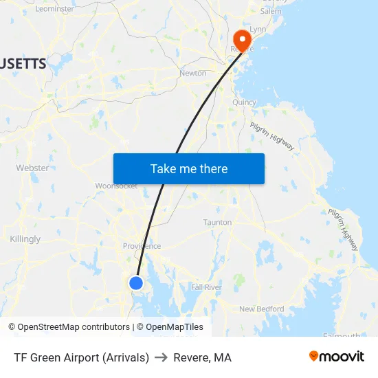 TF Green Airport (Arrivals) to Revere, MA map