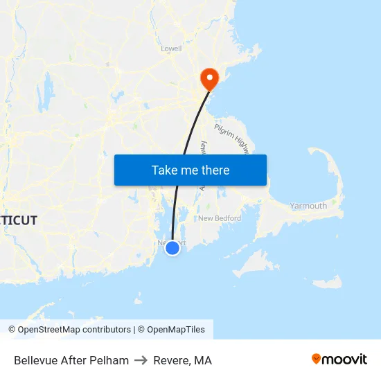 Bellevue After Pelham to Revere, MA map