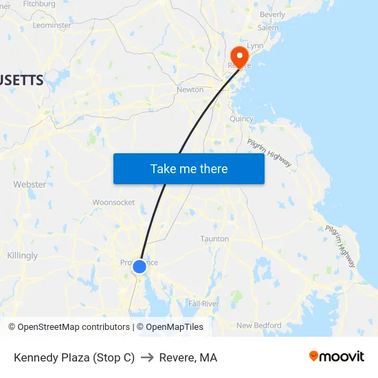 Kennedy Plaza (Stop C) to Revere, MA map