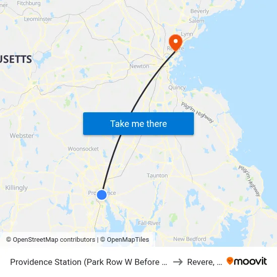 Providence Station (Park Row W Before Exchange) to Revere, MA map