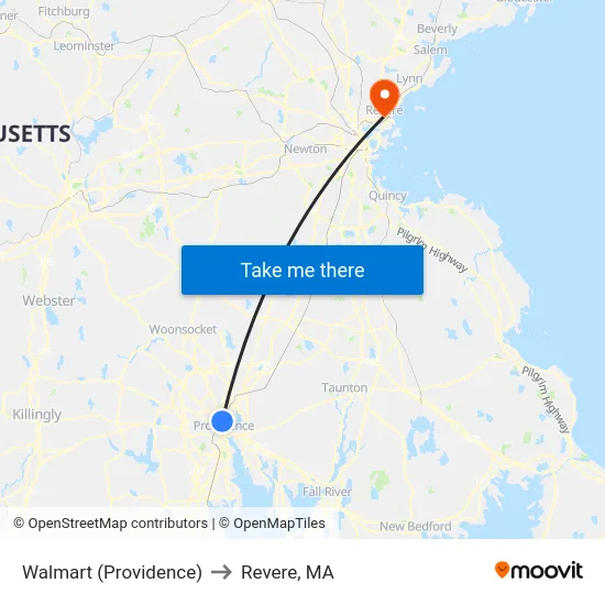 Walmart (Providence) to Revere, MA map