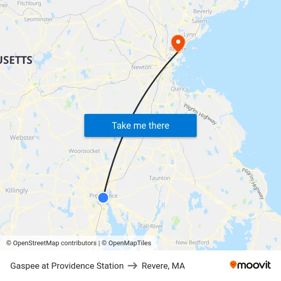 Gaspee at Providence Station to Revere, MA map