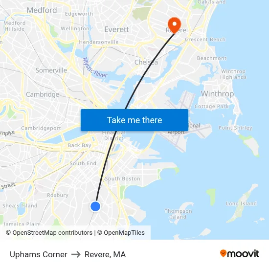 Uphams Corner to Revere, MA map