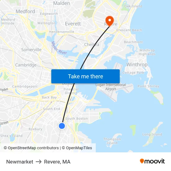 Newmarket to Revere, MA map