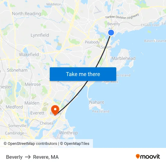 Beverly to Revere, MA map