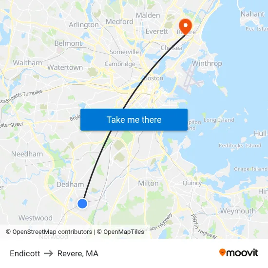 Endicott to Revere, MA map