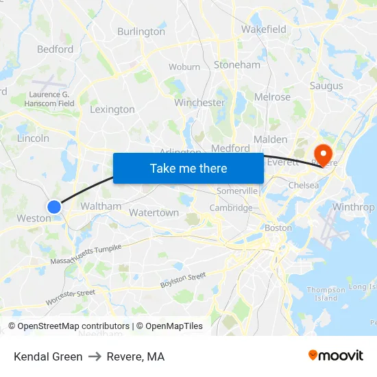 Kendal Green to Revere, MA map