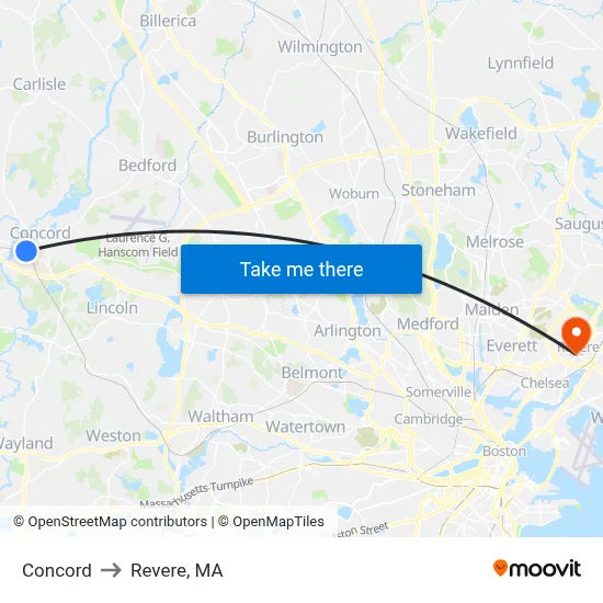 Concord to Revere, MA map