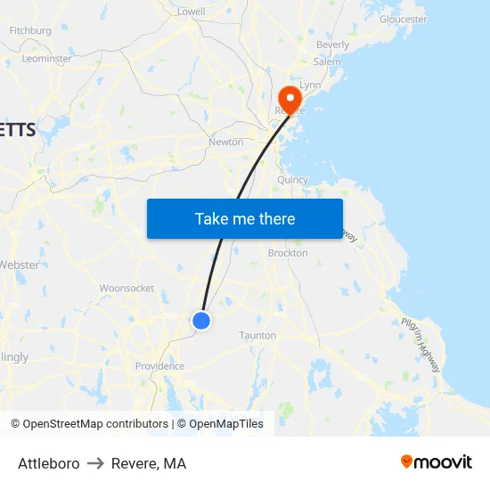 Attleboro to Revere, MA map