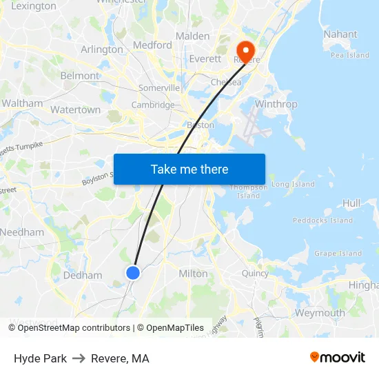 Hyde Park to Revere, MA map