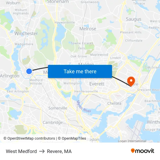 West Medford to Revere, MA map